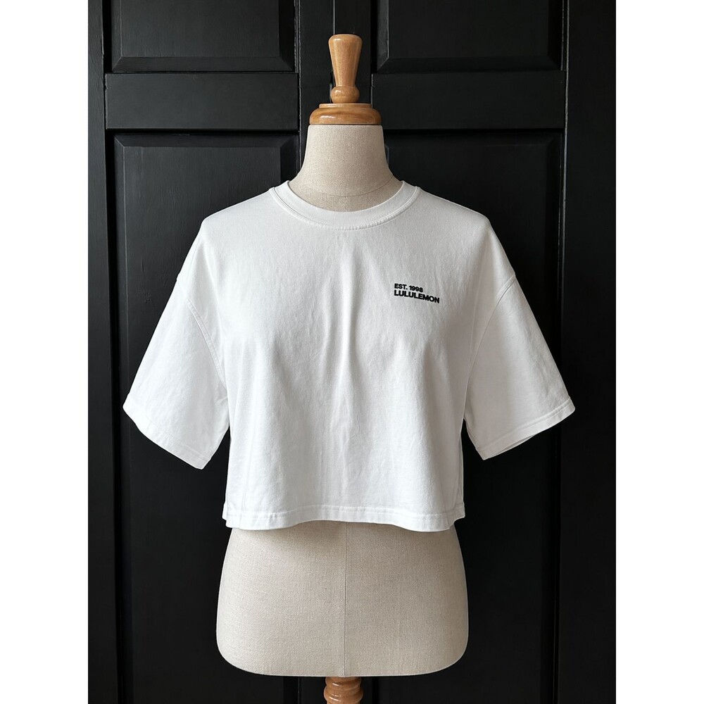 Lululemon White Brushed Heavyweight Cotton Crop T-Shirt Logo Crewneck Shirt XL??